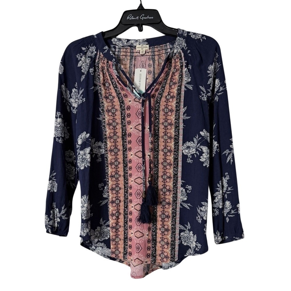 NWT Mason & Belle Womens Long Sleeve Caseey Tassel Top Blouse Shirt Size XS